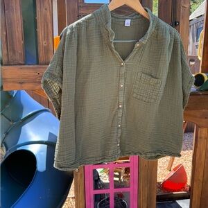 Old Navy Olive Green Gauze Cotton Button-Up Blouse XXL